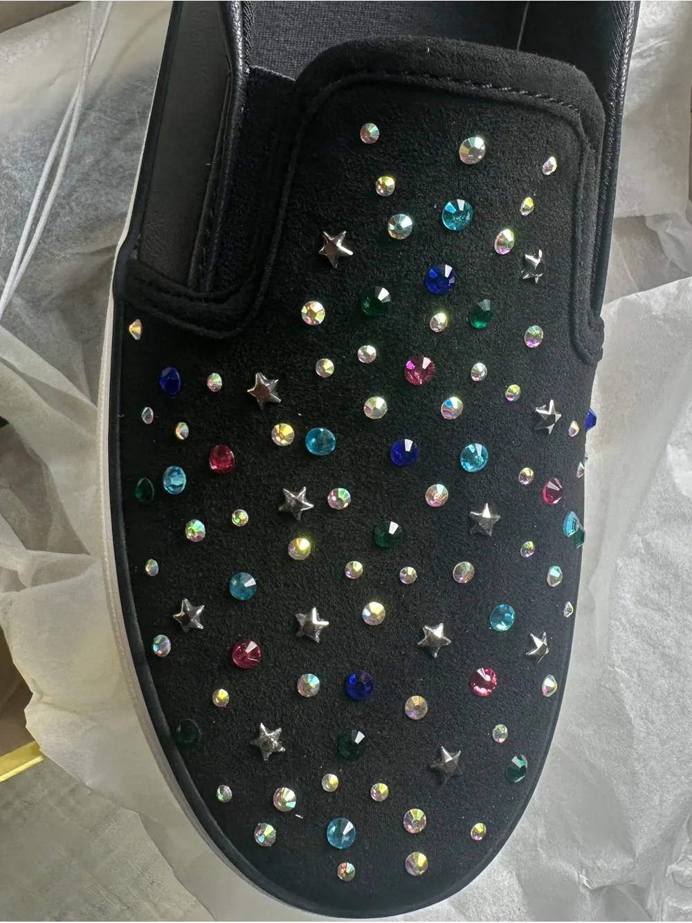 art class Black Slip-On Kids Sneakers with Multicolor Gem Accents